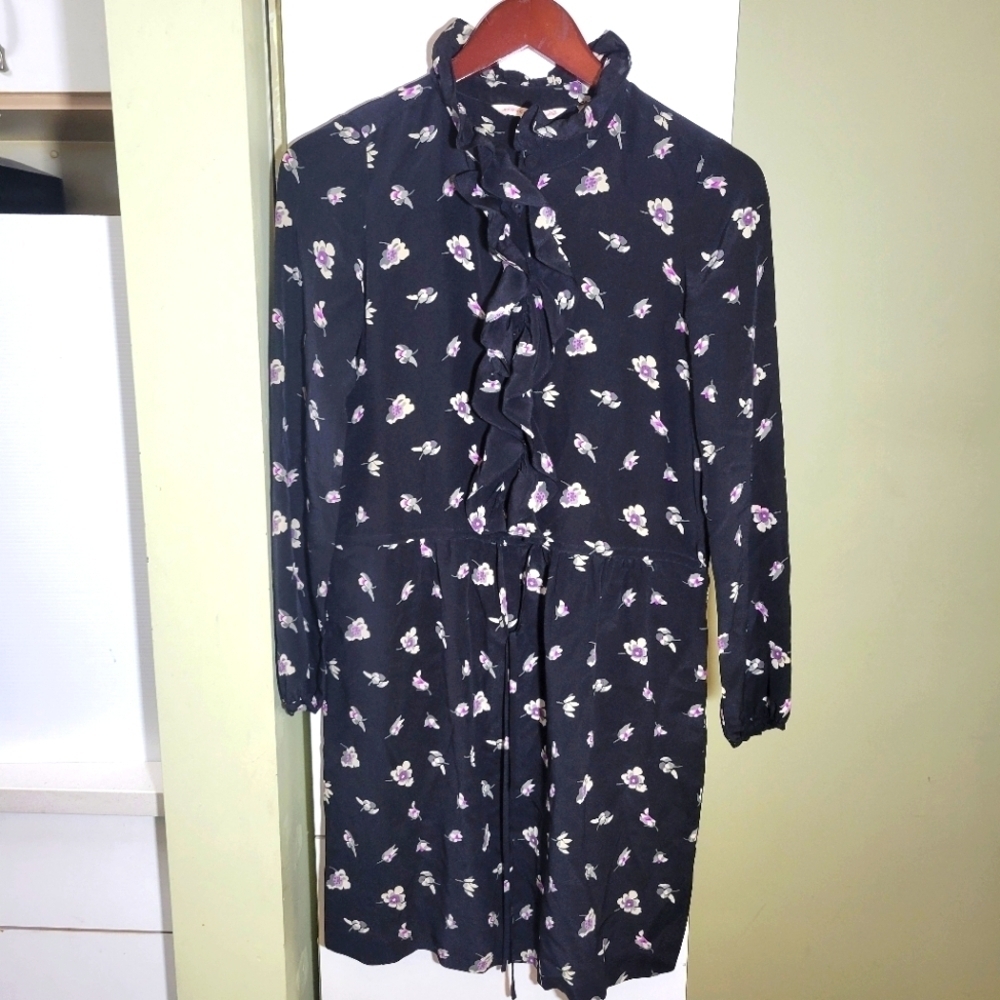 Rebecca Taylor ruffle silk black floral long sleeve mini dress size 0